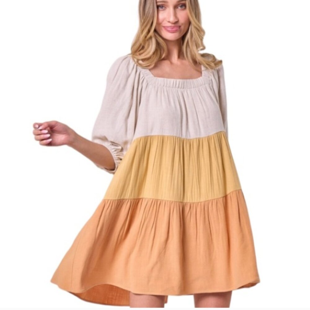 Saints & Hearts Boho Tiered Off‑Shoulder Dress Beige Yellow orange M